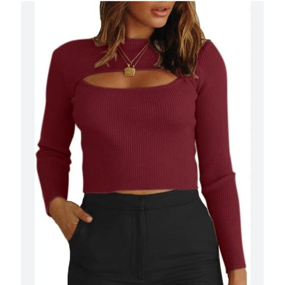 girlish Tops - New Women's Cutout Long Sleeve Knitted Ribbed Pullover Sweater Jumper Top SZ XS